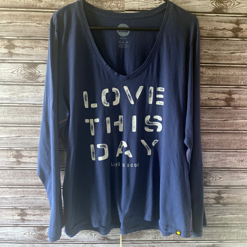Life Is Good Women's Long-Sleeved Top Size XXL Blue Red Stitch Fitted V-Neck